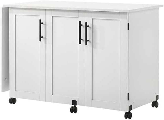 Pemberly Row White Rolling Kitchen Cart with Drop Leaf – Engineered Wood Stor...