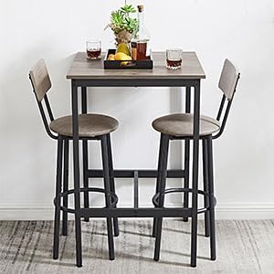 GNIXUU 3-Piece Small Bar Table and Chairs Set, Bar Set with Square Table and PU Stools, Breakfast Coffee Table for 2 with Footrest and for Home & Kitchen Dining Room(Grey)