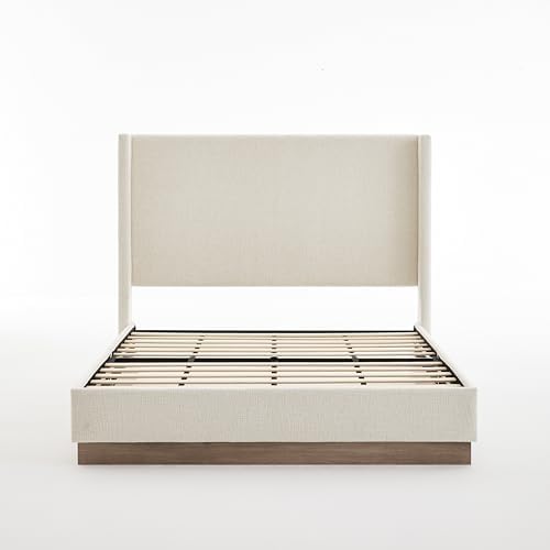 Queen Size Boucle Wingback Upholstered Platform Bed, 53.1 Inch Tall Headboard...