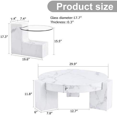 Modern Coffee Table Set of 2, 29.9" Round Wooden Coffee Table with White...