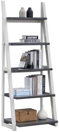 5-Tier Ladder Shelf, 72.01'' Tall Freestanding Storage Rack, Stylish Space-Saving Bookcase, Solid Wood Ladder Bookshelf for Living Room, Corner, Home Office, Grey+White