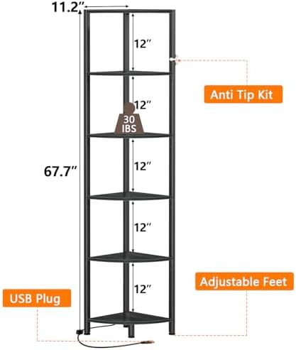 Furnulem 6 Tier Corner Shelf with LED Light, 67.5" Black Narrow Bookshelf