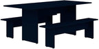 Manhattan Comfort Nomad 3 Piece Dining Set for 6 with Modern Kitchen Table and 2 Benches, Farmhouse Furniture with Rustic Wood Grain Finish, Pedestal Base, Easy Assembly, Midnight Blue