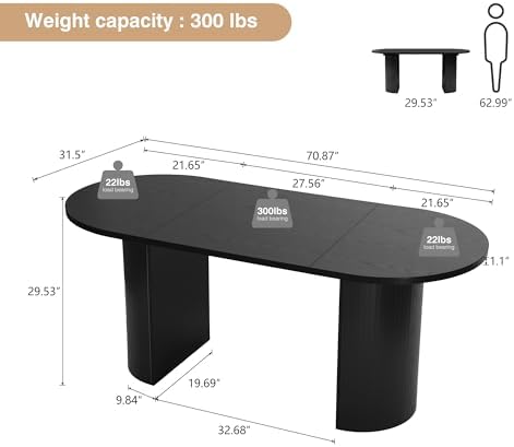 70.8 Inch Dining Table for 4-6 People, Oval Kitchen Table with Semi-Cylindric...