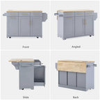 59.3" Kitchen Island with Drop Leaf and Pull Out Trash Can Storage Cabinet, Rolling Kitchen Island Table with Power Outlet, Spice & Towel Rack for Kitchen, Dining, Grey Blue