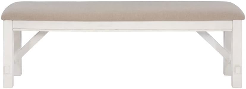 Pemberly Row 60" Wood/Fabric Bench, Smokey White Finish, Beige Upholster...