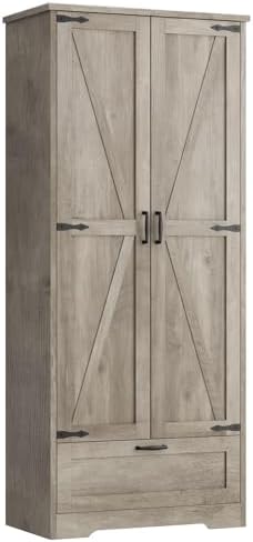 Vongrasig Kitchen Pantry Storage Cabinet with Barn Doors, Drawer and Adjustab...