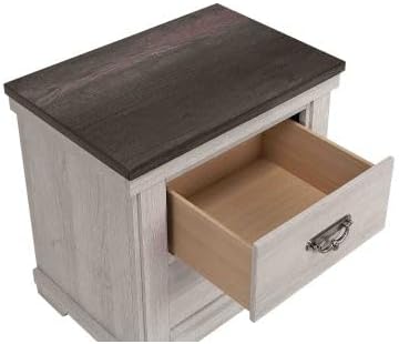 2-Drawer Rustic End Table with Gray Top, White Finish, Metal Pull, Nightstand...