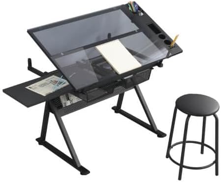 Litex Adjustable Drafting Table with Stool, Glass Top Art Desk for Drawing &a...
