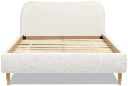 Curved Headboard Upholstered Platform Bed Queen Ivory White Boucle
