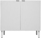 Sango Merk 2-Door Cabinet, Modern White Storage Cabinet with Vertical Groove Doors, Adjustable Shelf, Cylindrical Wood Legs, Discreet Metal Finger Pulls, Stylish Furniture for Living or Dining Room