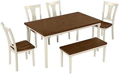 LUMISOL 6-Piece Dining Table Set with Bench, Brown+Cottage White