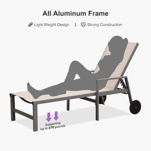 PURPLE LEAF Chaise Lounge Outdoor Set for 2 with Armrest, Khaki | All-aluminu...