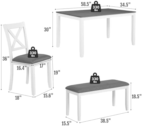 Zevemomo 6-Piece Solid Wood Dining Table Set, Wooden Legs, White | Including ...