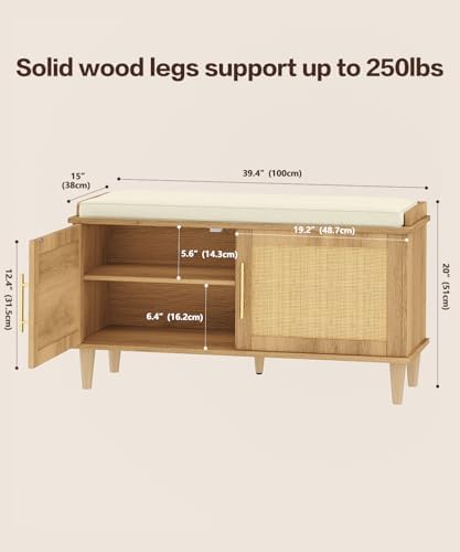 Akxomel 39.4" Rattan Shoe Storage Bench 2 Doors Wooden Entryway Bench Oa...