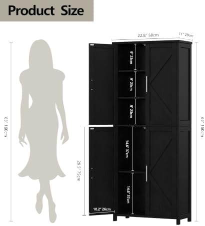 Akxomel 63''H Tall Farmhouse Bathroom Storage Cabinet with 4 Doors Bl...