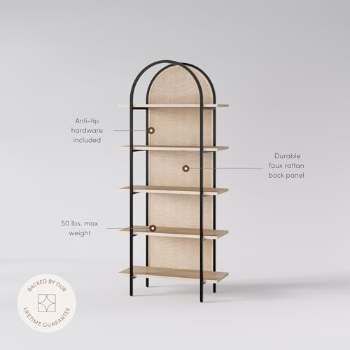 Nathan James Amara Bohemian 5-Shelf Etagere Bookcase, Rattan Open Bookshelf w...