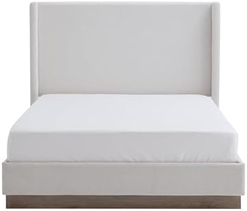 Peanu Queen Bed Frame, Wingback Upholstered Headboard, Cream White