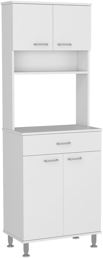 67" H White Kitchen Pantry, Microwave Storage Cabinet with 4 Doors, 1 Dr...