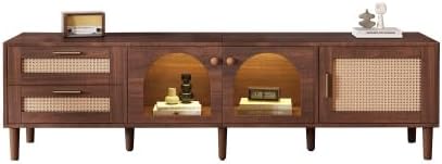 Bellemave Modern TV Stand with LED Lights & Glass Doors, Rattan Media Console with 3 Cabinets & 2 Drawers for up to 80", Solid Wood Entertainment Center for Living Room, Home Theatre (Dark Brown)