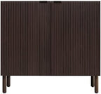Sango Merk 2-Door Cabinet, Modern Walnut Storage Cabinet with Vertical Groove Doors, Adjustable Shelf, Cylindrical Wood Legs, Discreet Metal Finger Pulls, Stylish Furniture for Living or Dining Room