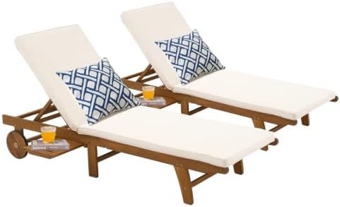 Patiorama Patio Acacia Wood Chaise Lounge Set of 2, Pull-Out Table, Cream