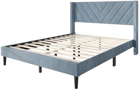 Queen Platform Bed Frame with Chevron-Stitched Wingback Headboard, Velvet Uph...