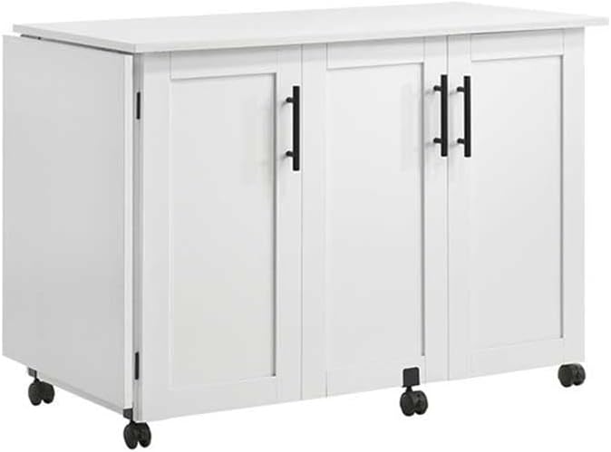 Pemberly Row White Rolling Kitchen Cart with Drop Leaf – Engineered Wood Stor...