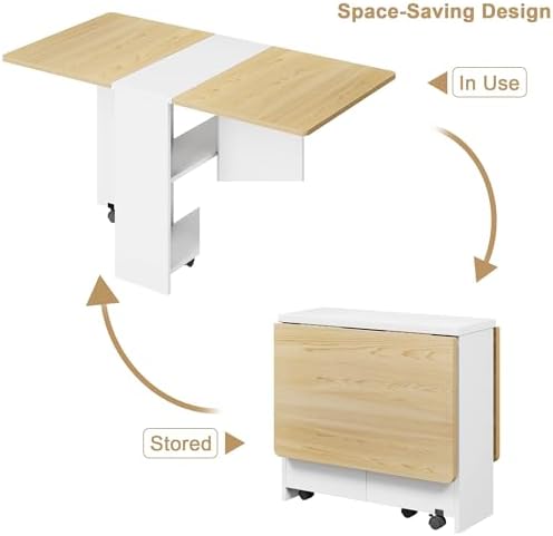 IDEALHOUSE FoldingTable, Drop Leaf Dining Table with 6 Wheels and 2-Layer Sto...