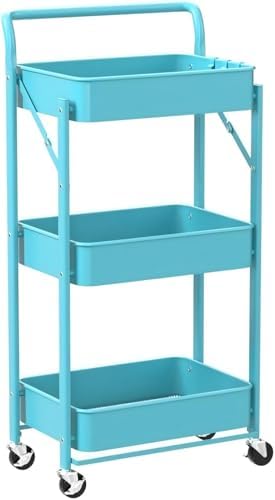 BEEY Foldable Metal Storage Cart Rolling Baskets with Wheels, No Assembly, Me...
