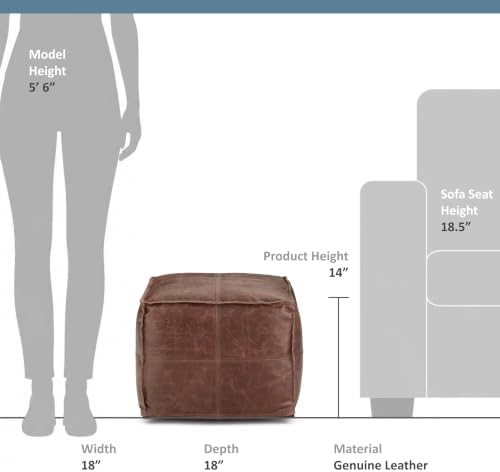 SIMPLIHOME Sheffield 18" Wide Square Genuine Leather Pouf in Brown | Dis...