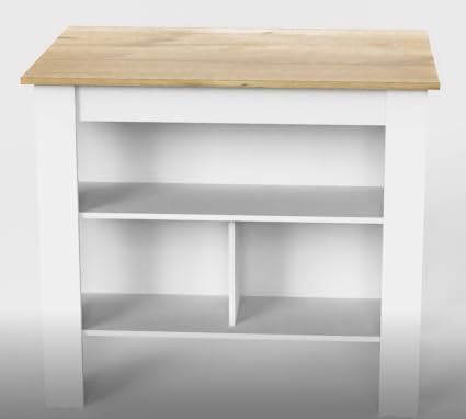 Kitchen Island with Open Shelves, White and Light Oak | 3 Storage Shelves, Wi...