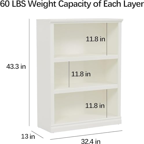 Bevfint 43 Inch Tall Bookcase, White 3-Tier Shelves Bookshelf Open Storage