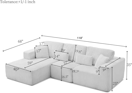 Cloud Sectional Couch, 110 Inch Modern Modular Sectional Sofa with Deep Seat, Corduroy Boneless Couches with L-Shape Left Chaise for Living Room Bedroom, No Assembly Required