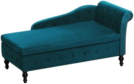 Velvet Chaise Lounge w/Right Armrest & Storage Space, Teal | Button Tufte...