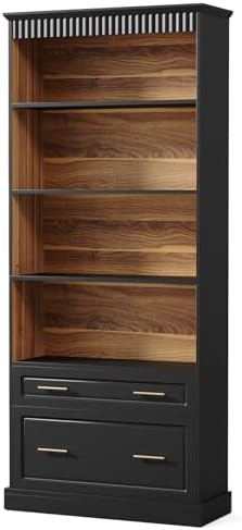 LITTLE TREE 72" Tall Black Bookcase with 2 Drawers, 5-Tier Bookshelf wit...