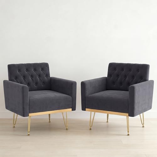 Olela Accent Chair with Arm for Living Room, Velvet Modern Armchair Single Sofa Cozy Tufted Upholstered Reading Side Chairs with Gold Metal Leg for Bedroom Decorate, Black