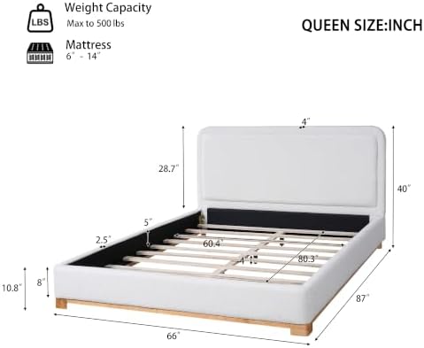 Peanu Queen Bed Frame, Boucle Upholstered Headboard, White Base