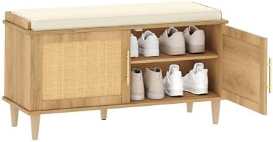 Akxomel 39.4" Rattan Shoe Storage Bench 2 Doors Wooden Entryway Bench Oa...