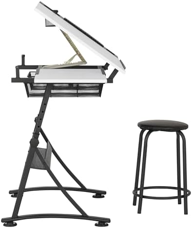 Fusion Drafting Table with Stool, Height Adjustable Desk with Tilt Top, Charc...