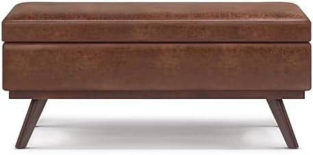 SIMPLIHOME Owen 42" Wide Vegan Leather Lift Top Ottoman in Saddle Brown ...