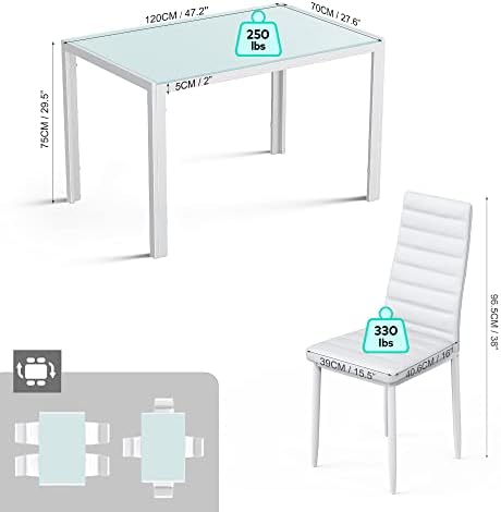 Gizoon White 5 Piece Glass Dining Table Set, Kitchen Table and Chairs for 4