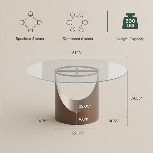 POVISON Round Dining Table for 4, 51" Glass Tabletop Dining Table with B...
