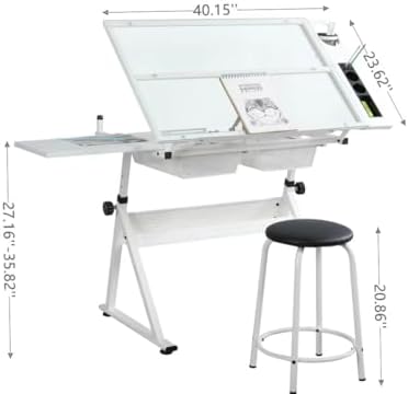 Height Adjustable Drafting Table Desk w/Stool, Tempered Glass Top | Art Craft...