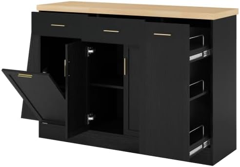 Rolling Kitchen Island with Trash Can Storage Sideboard, Black | Portable &am...