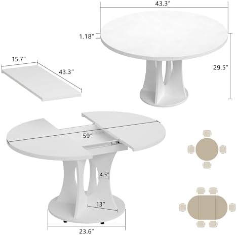 Einhomn 43-59" Extendable Round Dining Table, Kitchen Table for 4-8, Far...