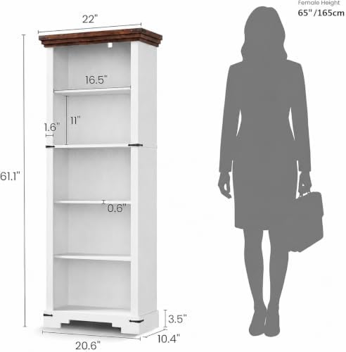 5-Tier Farmhouse Bookshelf, 61.1 inch Tall Bookcase with Storage & Unique...