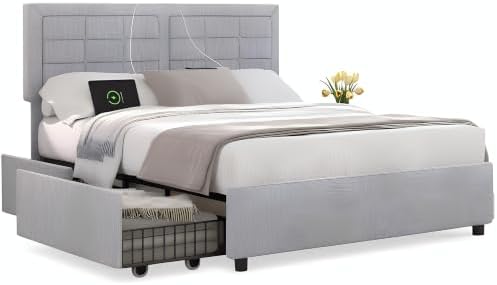 VECELO Queen Size Bed Frame with 4 Storage Drawers & Adjustable Headboard...