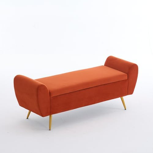 56" Storage Bench for Bedroom King Size Bed, Gold Legs, Velvet Orange