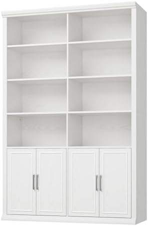 Rresyet 42" W Double Bookcase and Bookshelf with Doors, White